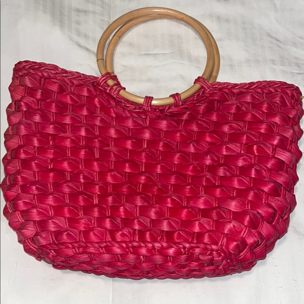 Free People Red Woven Handbag with Wooden Handles